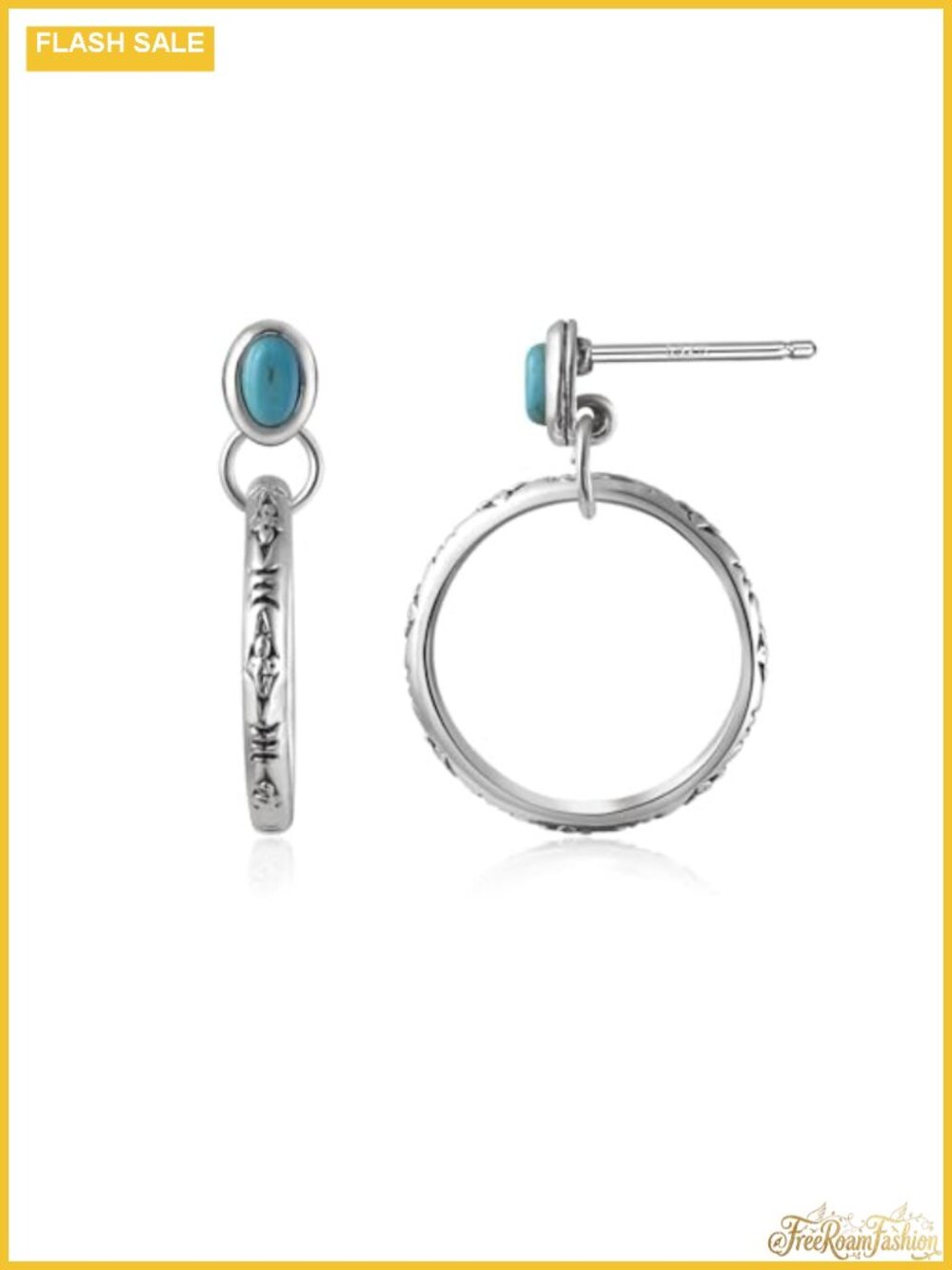 Silver Stud Drop Earrings Boho Turquoise Hoops